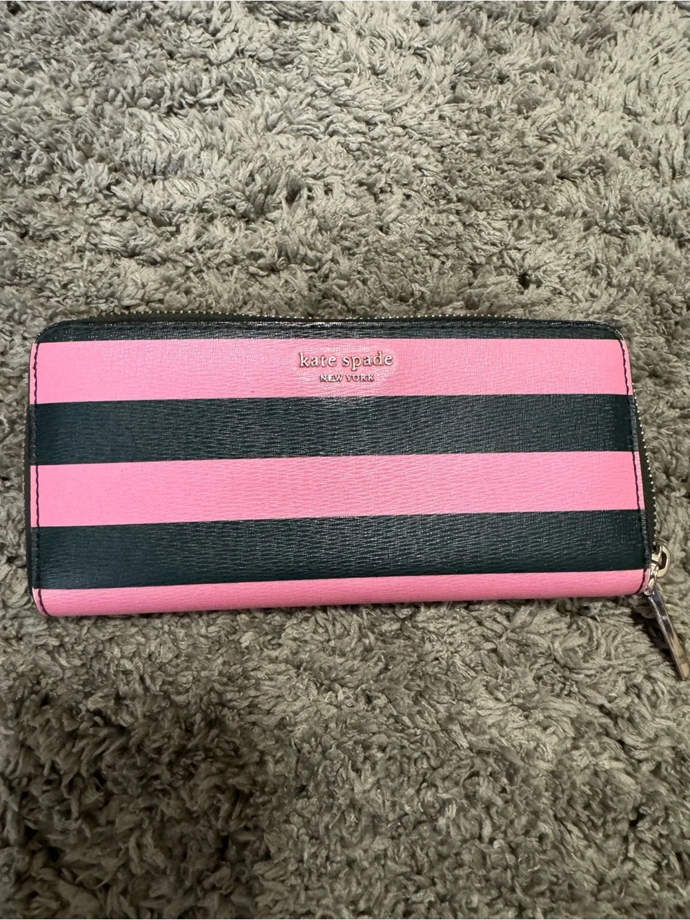 Kate Spade Pink & Black Striped Zip Around Continental Long Wallet
